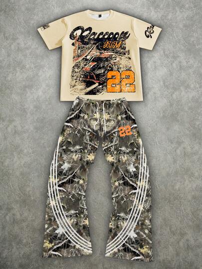 Manfinity ZONE917 Men's Casual Loose Fit Round Neck Printed Short Sleeve T-Shirt And Pants Set