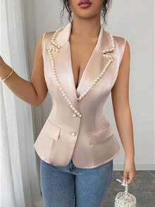 SHEIN Clasi Women's Solid Color Faux Pearl Decor Asymmetric Lapel Single Breasted Elegant Sleeveless Blazer - Apricot - View 4