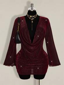 SHEIN ICON Plus Size Women's Plunging Neck Gold Mini Party Dress Burgundy Outfit Women Red Sparkly Dress - Burgundy - View 1