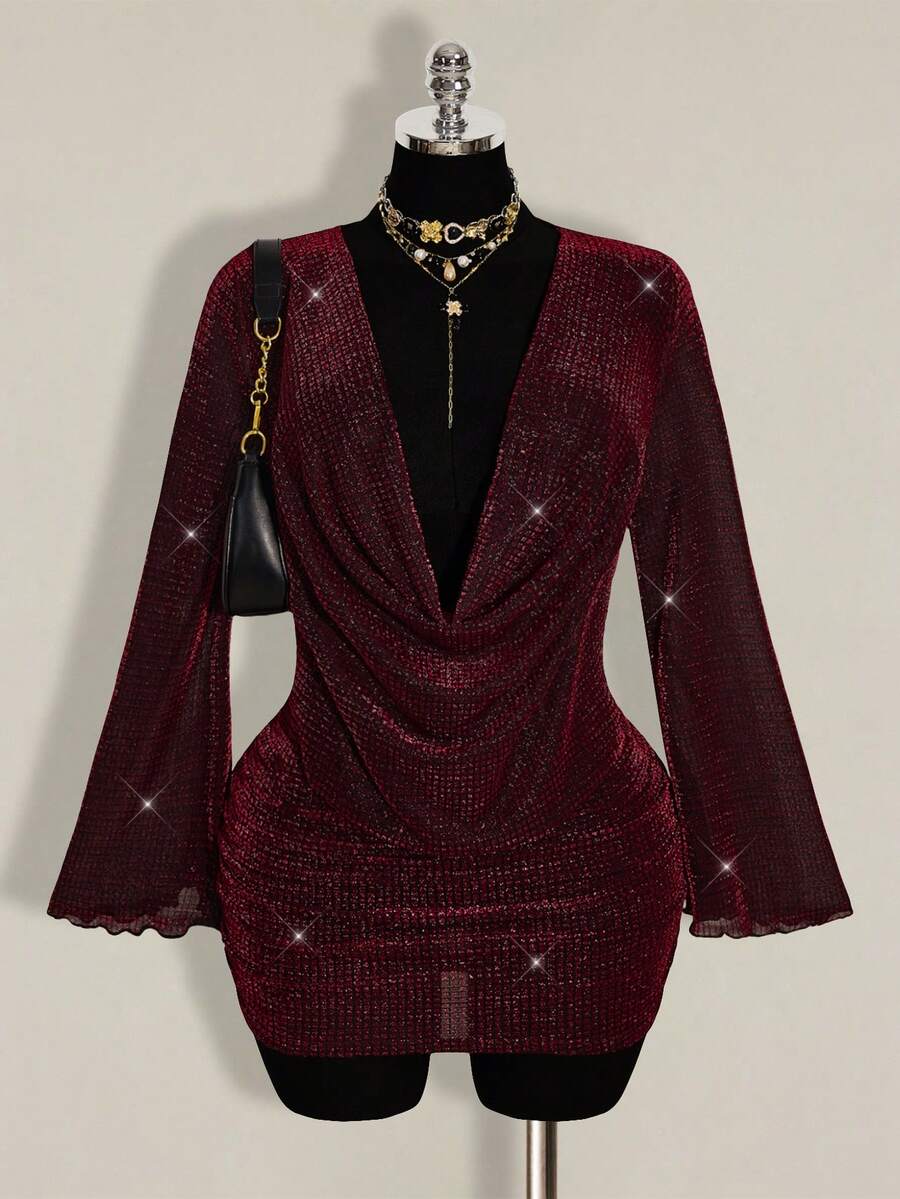 SHEIN ICON Plus Size Women's Plunging Neck Gold Mini Party Dress Burgundy Outfit Women Red Sparkly Dress - Burgundy - View 1