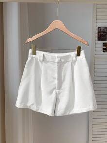 Comfortcana Women's Solid Color Pleated Shorts With Ring, New Corduroy Design - White - View 2