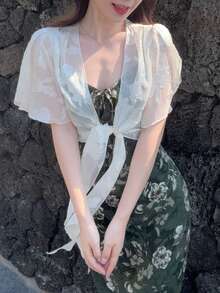 DAZY Women's Fashionable Vacation Sheer Tie-Up Lightweight Jacket, Summer - White - View 1