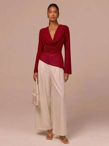 COSMINA Women's Elegant Cowl Neck Flare Sleeve Chiffon Blouse,Burgundy Ruched Top For Autumn Dinner Date,Asymmetric Hem Lightweight Casual Outing - Burgundy - View 5