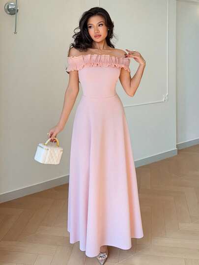 Rafferiza Fashionable Women's Mid-Length Dress, Off-Shoulder Neckline, Pleated Ruffle Trim, Knit Fitted Silhouette, Showcases Feminine S-Curve, Sexy & Elegant Dress; Suitable For Valentine's Day, Friendly Gatherings, And Everyday Wear