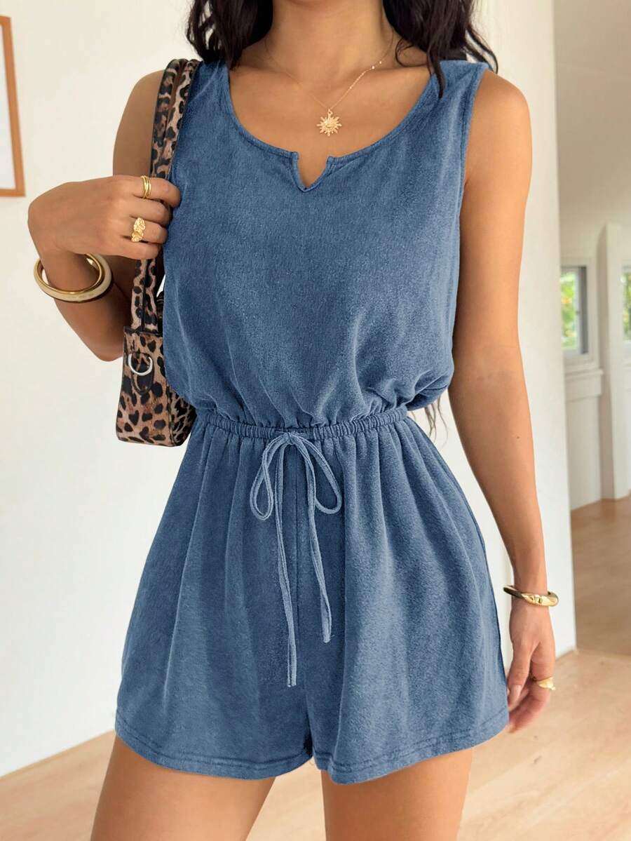 SHEIN EZwear 复古做旧蓝色针织弹力连体裤 女士夏季连体裤 牛仔连体裤 女士休闲连体裤 连衣裙连体裤 短款连体裤 女士休闲装 牛仔连体裤 女士短款连体裤 夏季女士连体裤 女士夏季装扮 - 藍色 - 查看 1