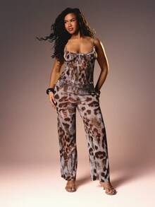 MISSGUIDED 豹纹阔腿裤，饰有串珠滚边，高腰设计，飘逸的波西米亚风格 - 彩色 - 查看 1