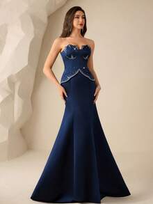 Coutiva Women's Rhinestone Embellished Mermaid Hem Formal Evening Gown (Heavy Embroidery) - Navy Blue - View 4