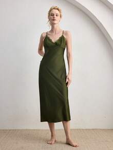 Ocili Comfortable Bohemian Satin Lace V-Neck Spaghetti Strap Maxi Dress, Women Sleepwear - Green - View 6