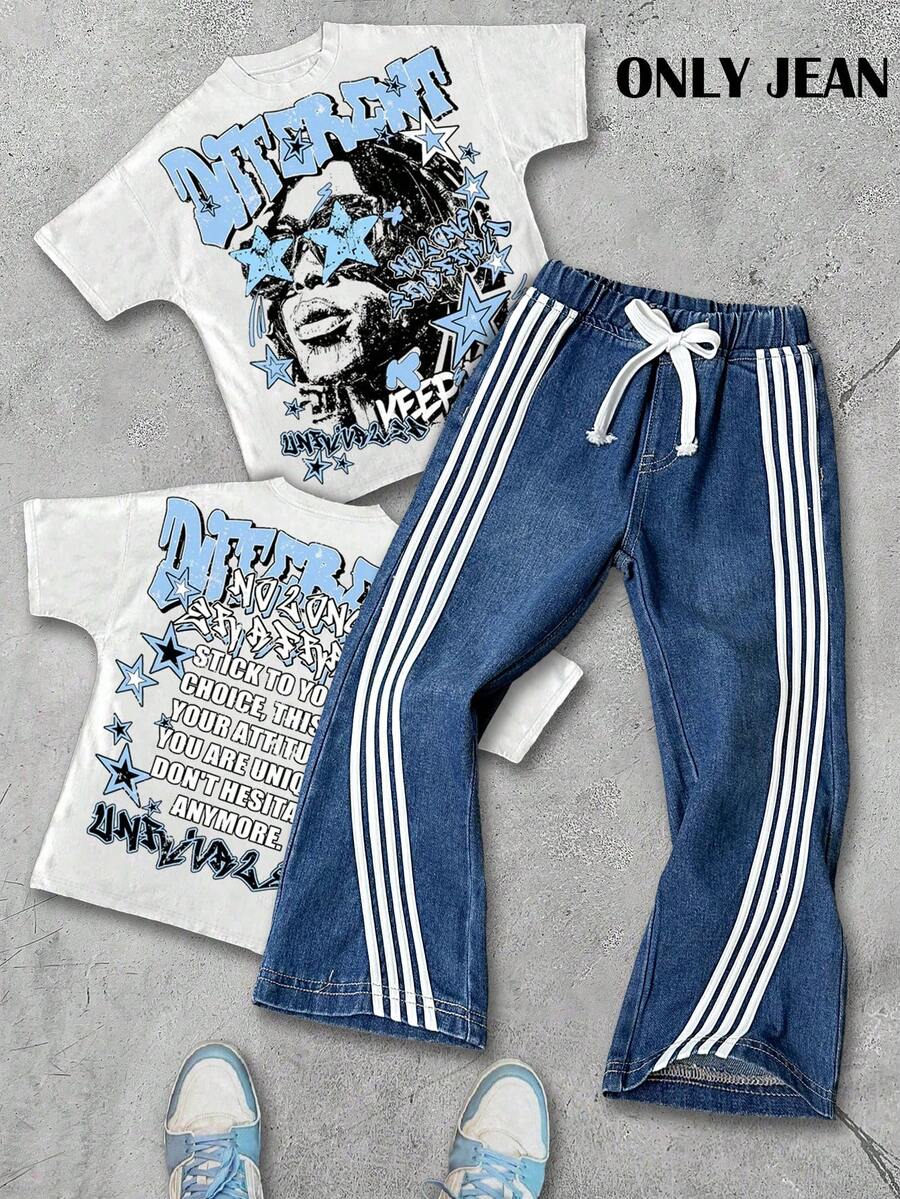 男童新款时尚做旧复古撞色织带抽绳腰海军蓝牛仔直筒喇叭裤，春夏款，适合儿童春夏日常穿着，男童街头风，男童沙滩装，男童度假波西米亚风，男童休闲牛仔裤，印花牛仔裤，幼儿牛仔裤，4岁男童牛仔裤，夏季牛仔裤，休闲牛仔裤 - 中等水洗藍 - 查看 1