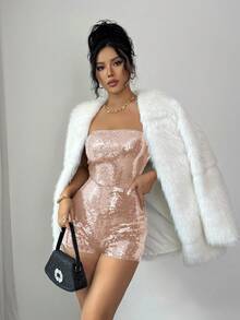 Rafferiza Bộ áo liền quần ống đính sequin gợi cảm dành cho nữ - Màu be - Xem 5