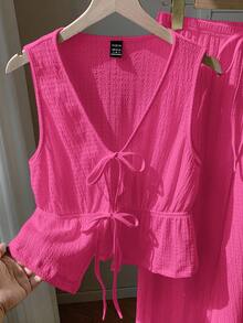 Comfortcana Women's Fuchsia Knitted Textured Front Tie Top And Pants Casual Suit - Hot Pink - View 3