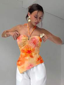 Aloruh 女士夏季印花荷叶边不对称下摆露背吊带背心，适合度假、旅行、音乐节、嘉年华、派对、生日、婚礼等场合，时尚百搭。 - 彩色 - 查看 4