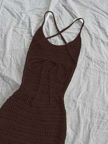SHEIN Unity 时尚镂空性感绑带露背吊带针织连衣裙 - 咖啡棕 - 查看 3