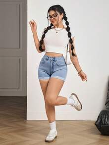 SHEIN PETITE Women's Casual Everyday Pocketed Button Denim Shorts - Blue - View 6