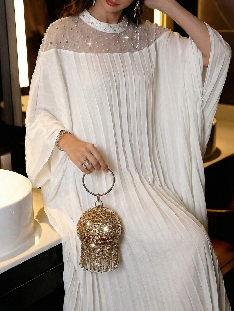 Al Najma Đầm cổ đứng thanh lịch đính cườm, vạt cánh dơi, thích hợp cho mùa xuân/hè.