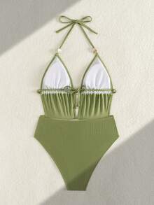 Swim Vcay 1 bộ đồ bơi liền thân nữ màu trơn, dây mảnh, đính hạt, hở lưng. - màu xanh lá - Xem 6