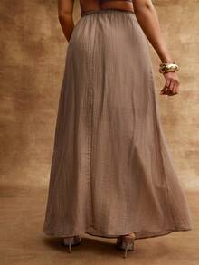 Vixey Textured Woven Drawstring Waistband Flowy Maxi Skirt - Camel - View 2