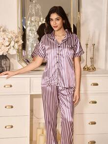 条纹仿丝绸翻领女士睡衣套装 - 彩色 - 查看 4