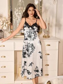 SHEIN Women's Elegant Satin Printed Contrast Lace Slip Dress Nightgown - Multicolor - View 4