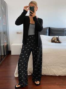 DAZY 女士秋冬睡衣三件套：开衫、无袖吊带衫和长裤 - 黑色 - 查看 5