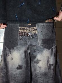 ROMWE MEN Street Life Men's Digital Print Faux Multi-Waistband Denim Shorts - Blue - View 4