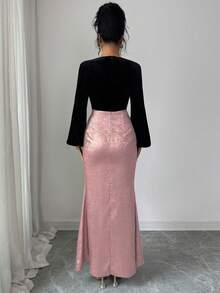 SHEIN Raffinéa 女士优雅时尚黑金撞色V领系带丝绒上衣搭配彩色撞色下摆连衣裙，适合晚宴、假日和正式场合。 - 粉色 - 查看 2