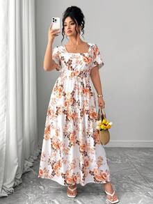 Elenzga Vestido de mujer talla grande de verano con estampado floral romántico, cuello cuadrado, espalda descubierta, cintura elástica y fluido, adecuado para playa, vacaciones y viajes al aire libre - Albaricoque - Ver 5