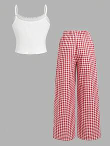 SHEIN Tween Girls Casual Homewear Fitted Lace Trim Collar Cherry Print Camisole And Plaid Loose Pants Set - Red and White - View 2