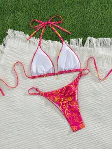 Swim Vcay 2件套新款随机印花露背性感优雅度假比基尼套装，适合海滩、泳池、派对等场合。 - 彩色 - 查看 2