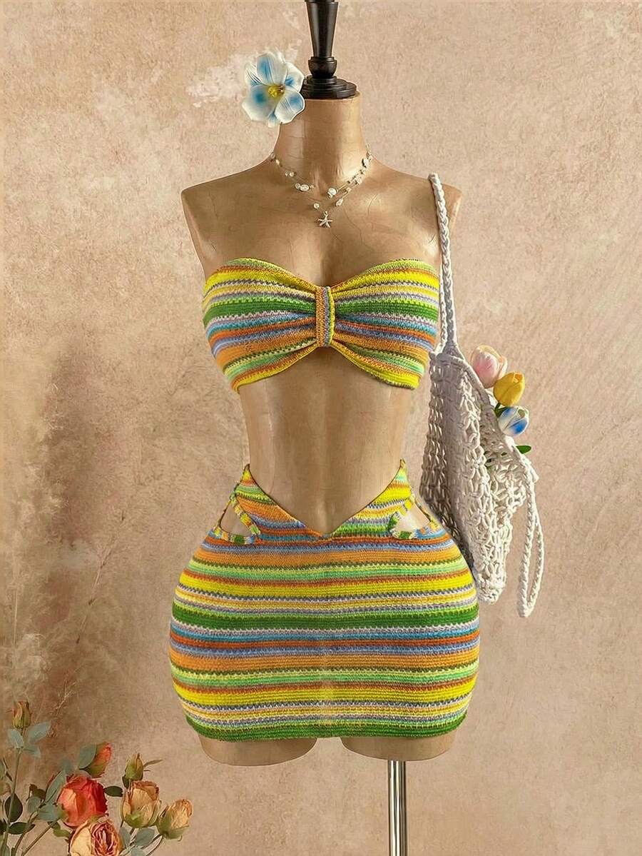 Mistrie 2 sztuki/zestaw damski seksowny wakacyjny top z teksturą na ramiączkach spaghetti + spódnica z wycięciem w talii, wiosna/lato - Wielokolorowe - Zobacz 1