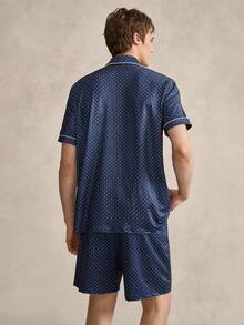 Men's Navy Blue Retro British Geometric Print Short Sleeve Shorts Pajama Set - Navy Blue - View 2
