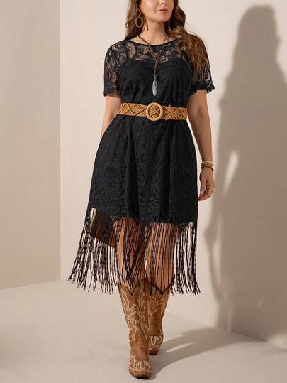 Comfylo Vestido de manga corta con cuello redondo y encaje de unicolor talla grande