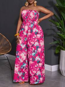 Slaydiva Bộ jumpsuit ống rộng ôm sát họa tiết hoa, chất liệu vải dệt in kỹ thuật số, dành cho kỳ nghỉ biển mùa xuân/hè 2025, cỡ lớn, dành cho nữ, dài thêm. - Màu Hồng Tươi - Xem 7