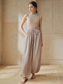 Anewsta 女士宽松高腰弹力腰休闲裤，慵懒阔腿裤，春夏款 - 淺灰色 - 查看 5