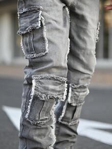 Devon Thys 男士时尚街头工装牛仔裤，修身多口袋休闲裤，Emo 风格 - 灰色 - 查看 3