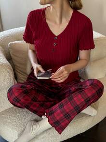 SHEIN Women's Casual Brushed V-Neck Short Sleeve 2-Button Plaid Pants Pajama Set - Burgundy - View 6