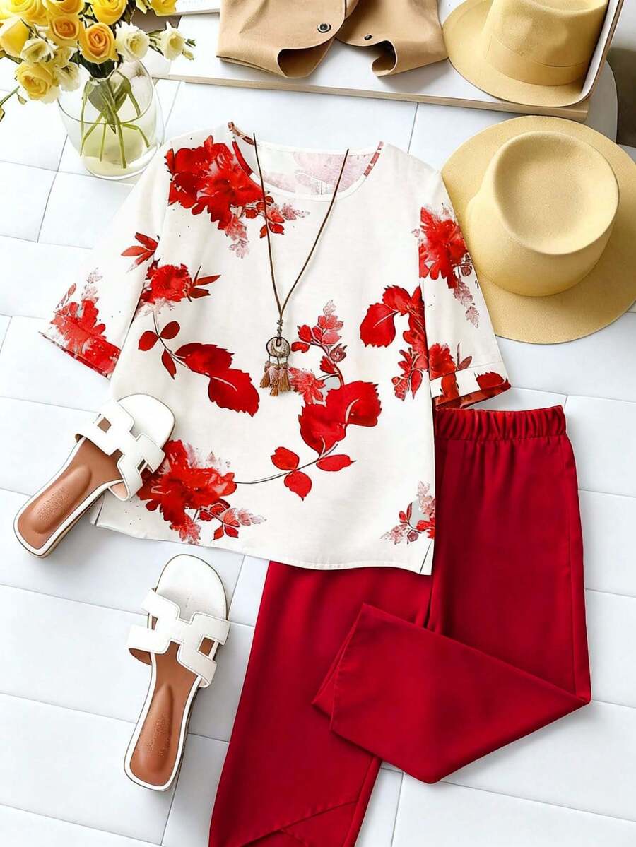 SHEIN PETITE Bộ đồ nữ gồm áo sơ mi ngắn tay cổ tròn in hoa màu đỏ và quần lửng ống đứng vạt lệch (2 mảnh) dài đến mắt cá chân. - Đỏ - Xem 1