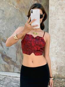 EastFlair Neo-Chinese Style Jacquard Sexy Mini Camisole - Burgundy - View 5