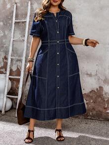 EMERY ROSE 大码夏季休闲日常前扣短袖牛仔连衣裙 - 藍色 - 查看 4