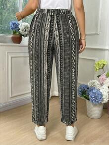 EMERY ROSE Plus Size Women Minimalist Printed Fold-Over Pants - Black - View 2