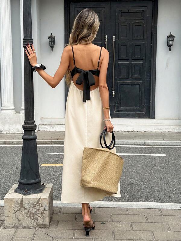 Pariaura 女士杏色和黑色撞色露背系带宽松连衣裙，适合休闲外出、度假、约会、通勤、下午茶、春夏穿着。