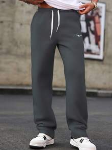 Manfinity Homme 男士休闲纯色抽绳腰带运动裤 - 深灰色 - 查看 6