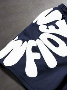 SLATEMANN Men's Letter Print Drawstring Waist Casual Versatile Shorts - Navy Blue - View 3