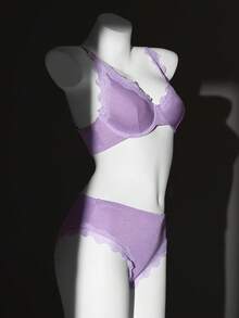 2件套蕾丝拼接女士钢圈文胸套装 - 紫色 - 查看 4