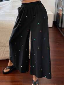 DAZY Heart Print Wide Leg Capri Pajama Pants For Women - Black - View 10