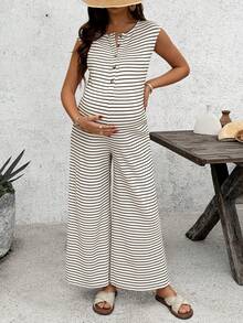 SHEIN Pregnant Women Striped Nursing Function Casual Everyday Jumpsuit - Khaki - View 5