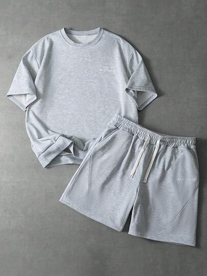 Aesthetic Post Men's Letter Print Round Neck Short Sleeve T-Shirt And Drawstring Waist Slant Pocket Shorts Set, Valentine's Day,Spring To Summer,Gift For My Boyfriend,Mardi Gras,Vintage,Streetwear,Party,St Patrick's Day,Going Out