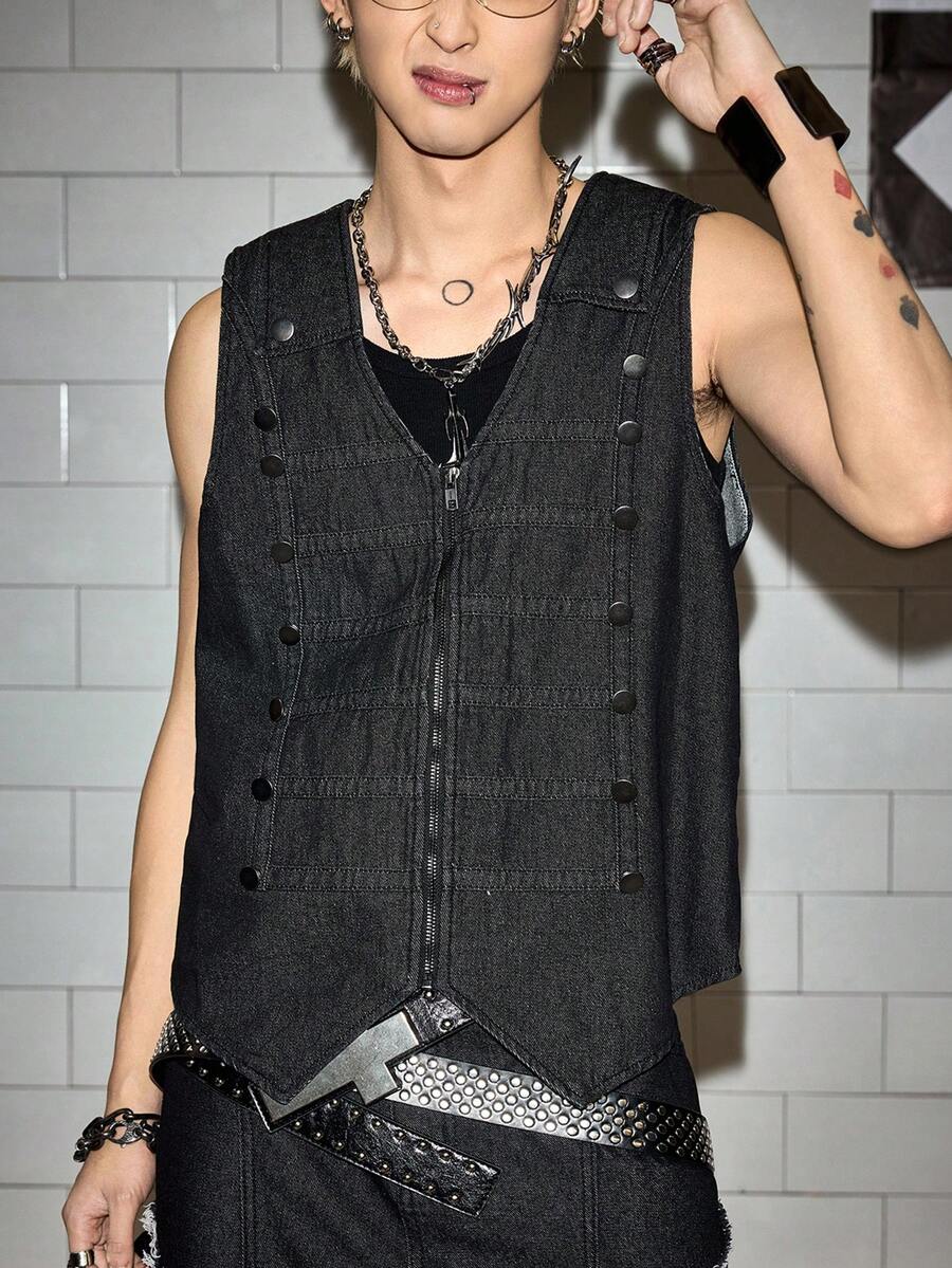 ROMWE MEN Street Life Men's Casual Denim Vest With Zipper Front Closure, Palace Style - Black - View 1