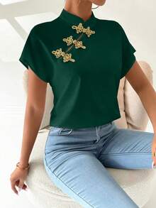 Chiquease Women's Chinese Button Short Sleeve Blouse For New Year Clothes - Dark Green - View 5