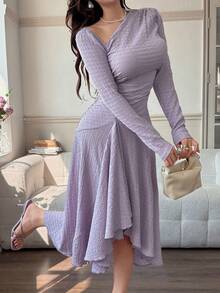 Feyla 女士时尚不对称下摆斜肩收腰长裙 - 紫色 - 查看 5